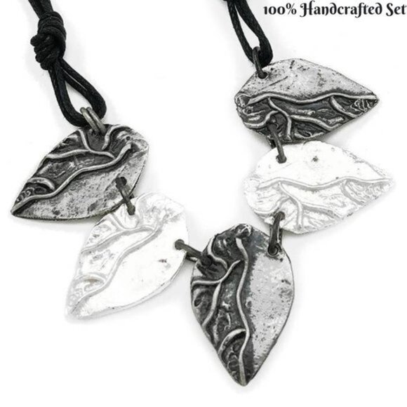Artisan Hypoallergenic SET Aspen Leaf 2 Tone Pewter Leather Necklace & Earrings - Picture 2 of 6